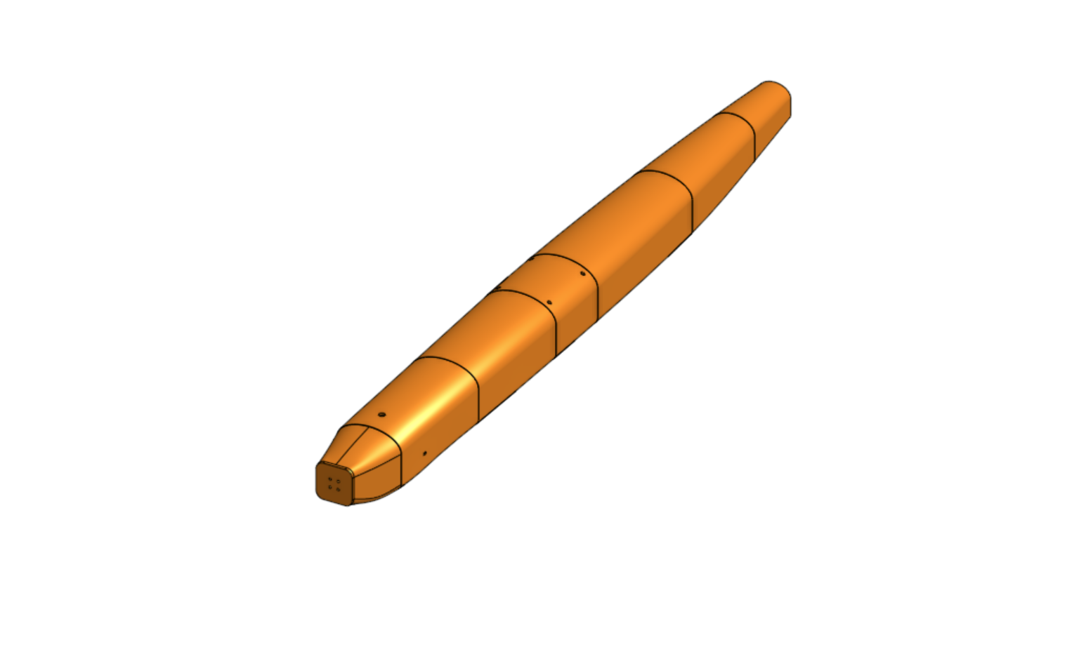 CAD render of the fuselage, split into printed sections with the joint lines visible along its length.