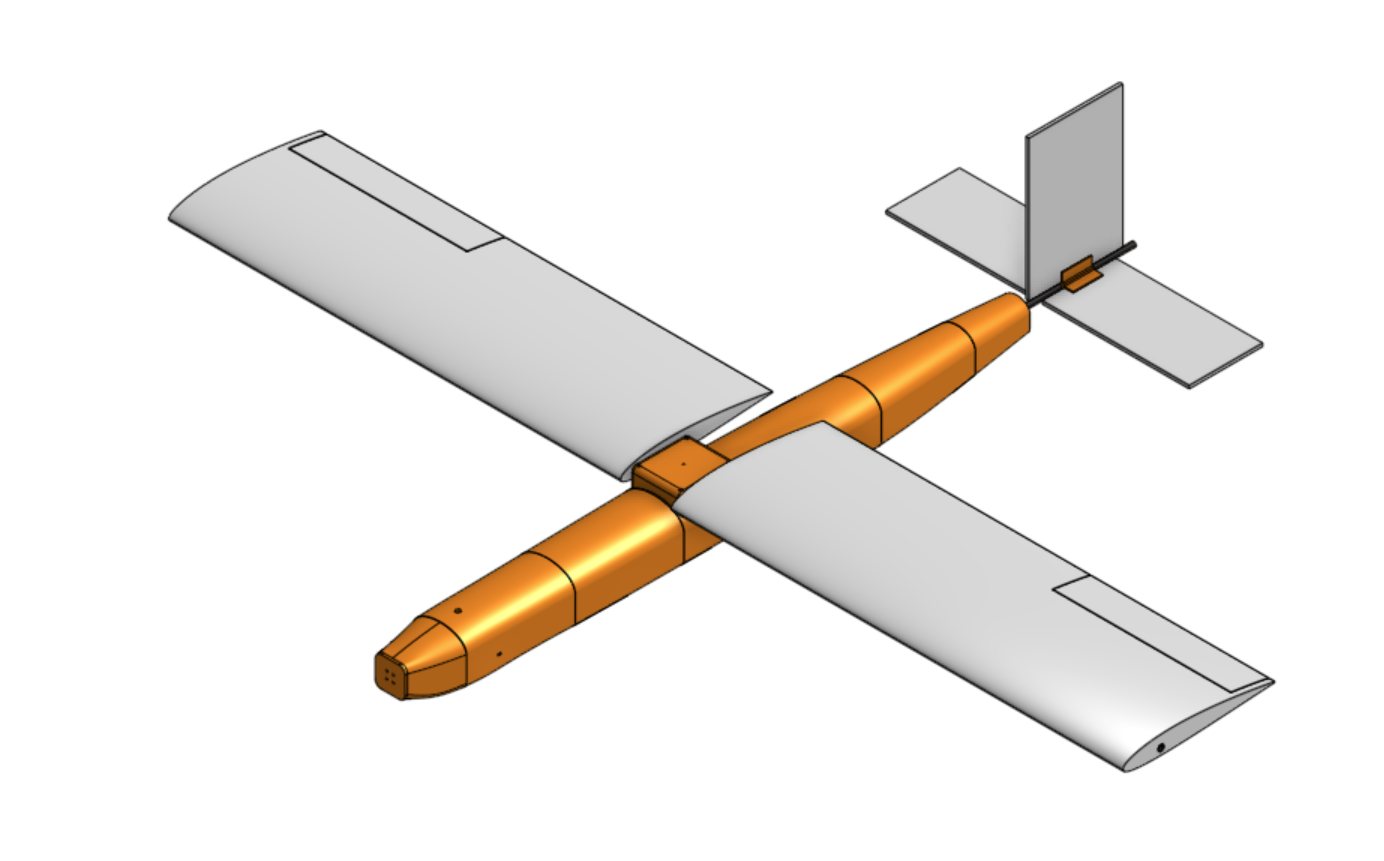 CAD render of the UAV from above, showing the sectioned fuselage, wings and tail.